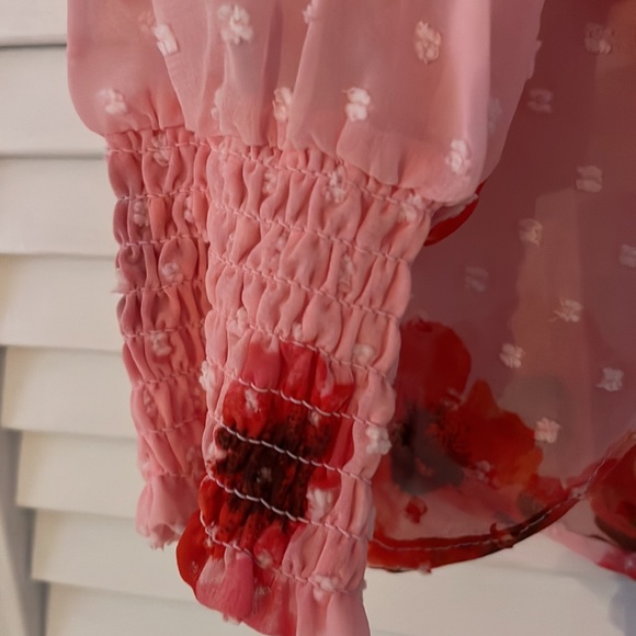 Bobeau Small Pink and Red sheer Flower Long Sleeve Top - Picture 4 of 4